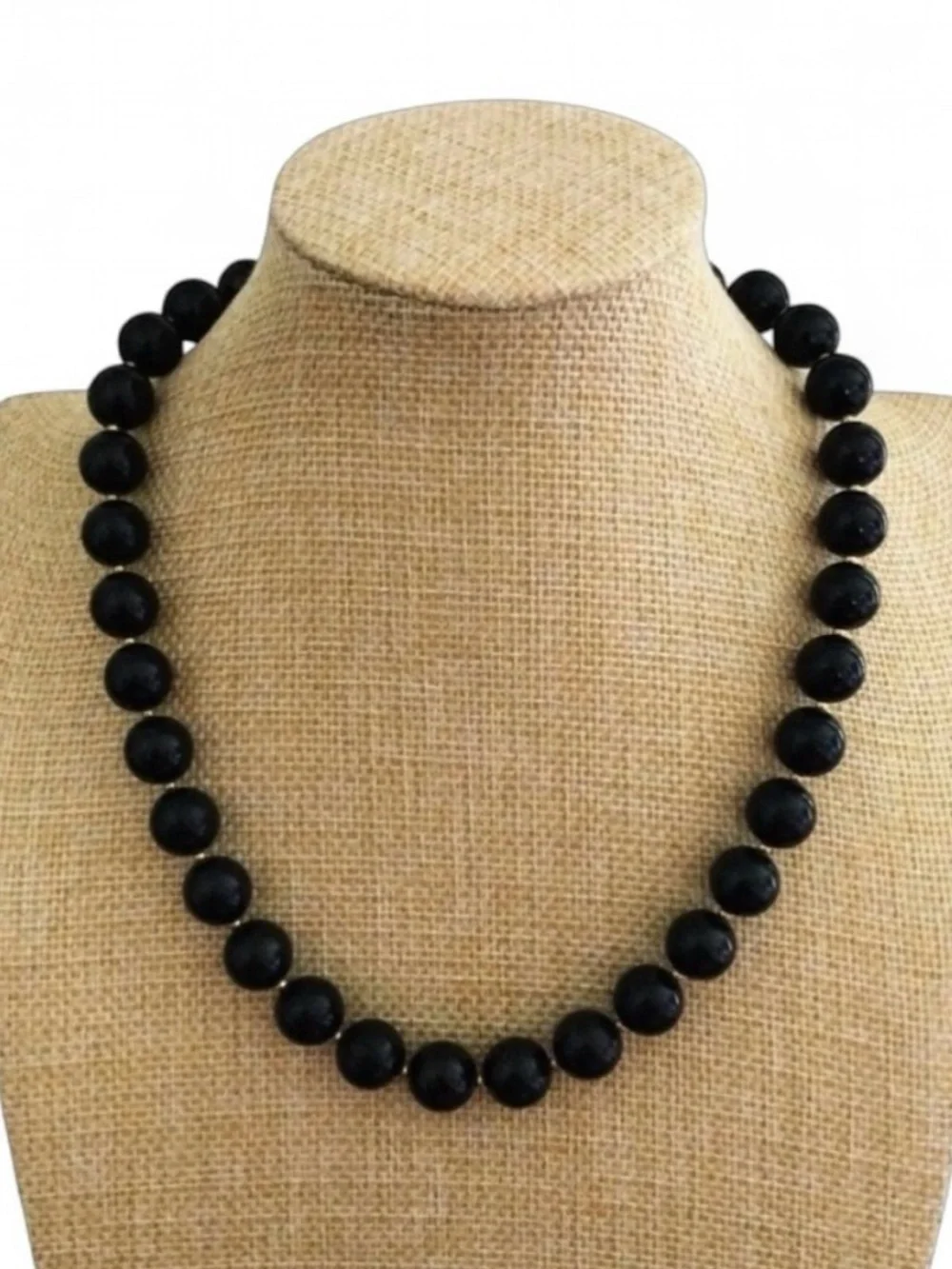 Vintage Black Lucite Necklace - Gold‑Tone Spacers, Hidden Clasp, 16.5